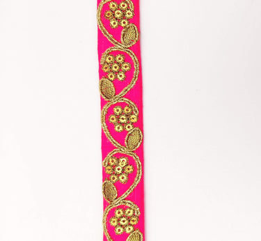 Fuchsia Pink Art Silk Trim with Gold Floral Embroidery and Gold Sequins Indian Sari Border Trim By 3 Yards Decorative Trim Craft Lace